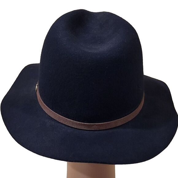 Chico's Woman's Classic Fedora Hat Dark Blue 100% Wool Tan & Gold Trim ~7.5 in - Picture 4 of 11